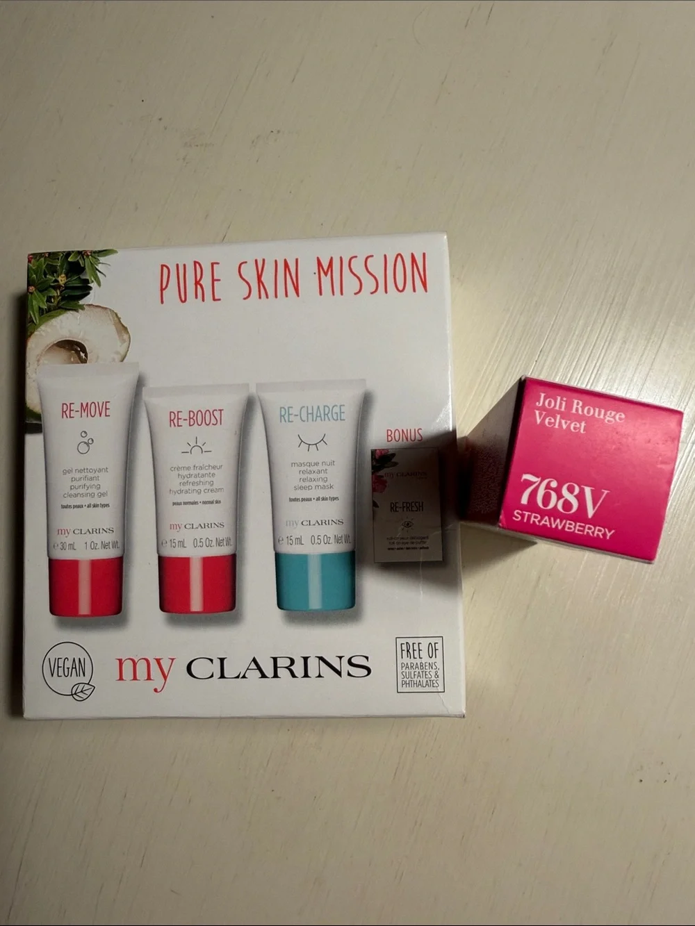 Clarins pure skin mission skincare set & 768 strawberry matte lipstick w/apricot